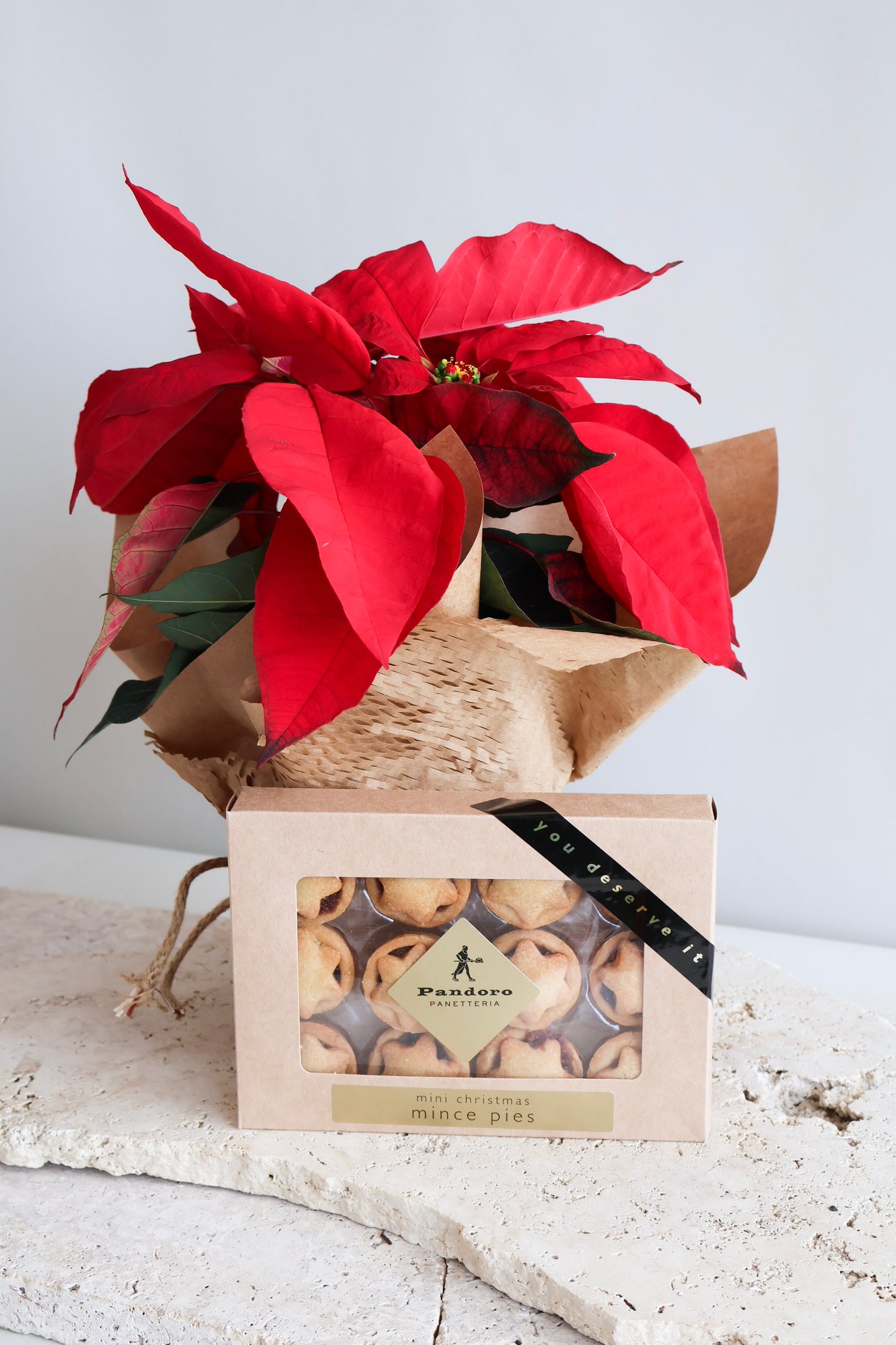 WEEKEND SPECIAL: RED POINSETTIA PLANT & PANDORO MINCE PIES GIFT BAG